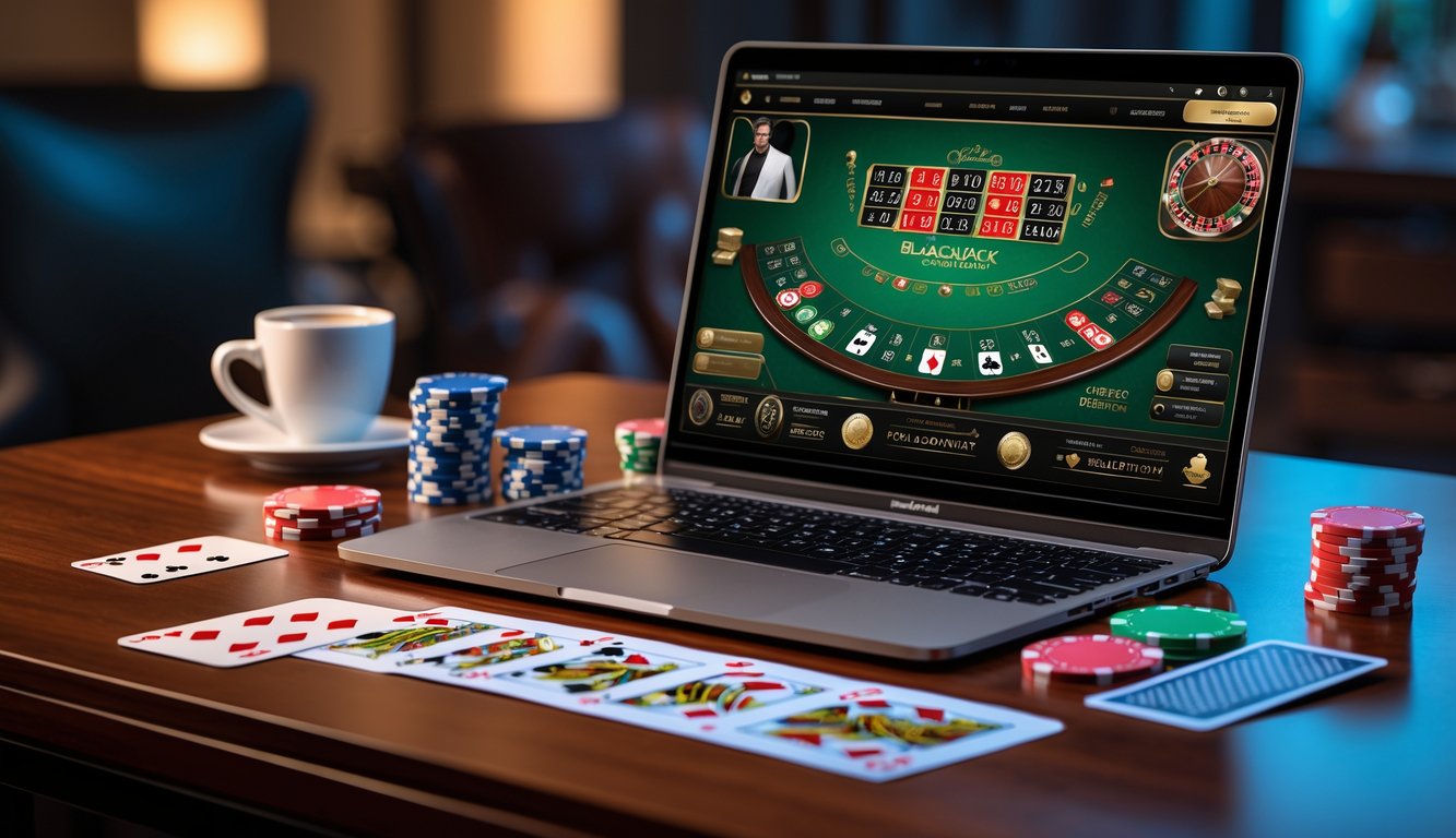 Sebuah meja kerja dengan komputer menampilkan permainan blackjack online dan beberapa chip kasino serta kartu remi di sekitarnya.