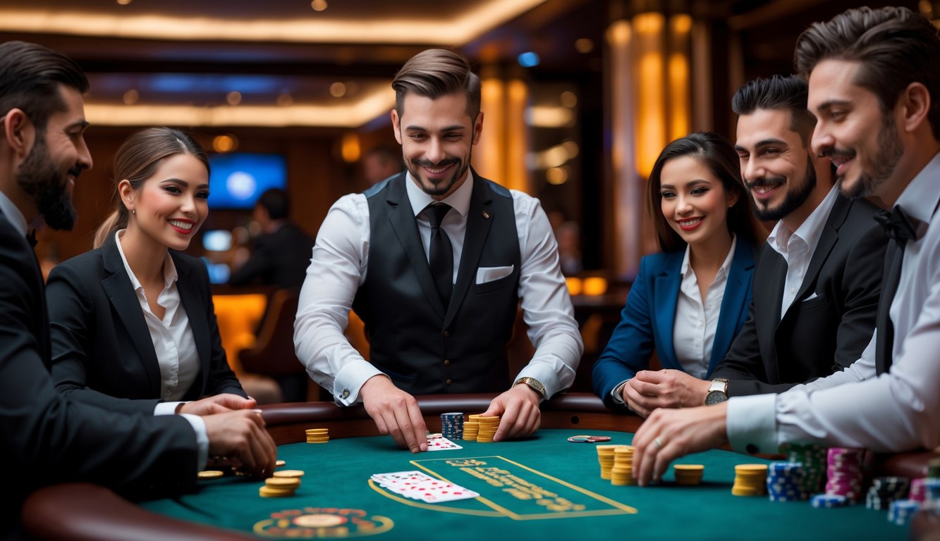 Seorang dealer casino melayani pemain di meja blackjack dengan suasana kasino yang mewah dan pencahayaan hangat.