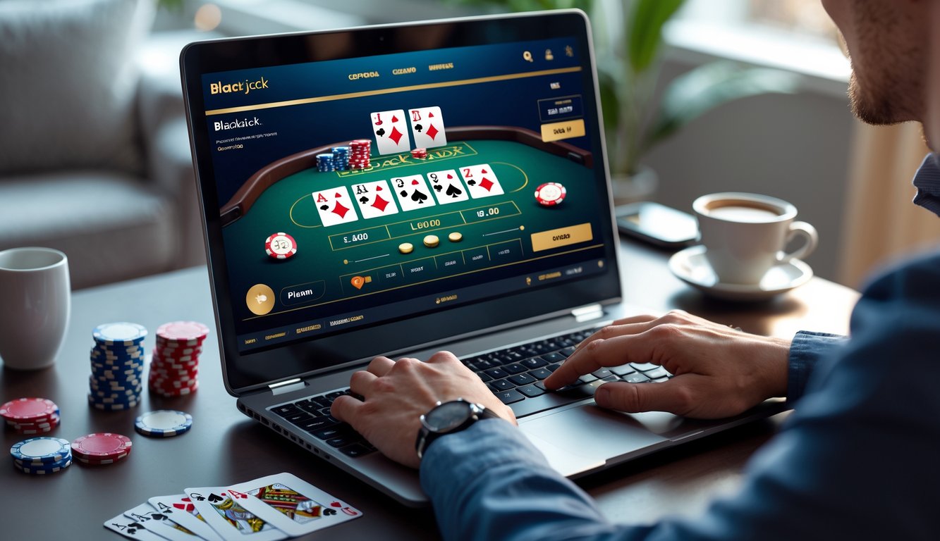 Seseorang bermain blackjack online di komputer dengan kartu dan chip poker di meja, di ruang yang nyaman.