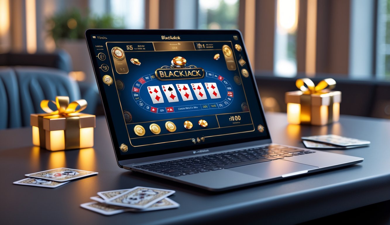 Sebuah perangkat digital menampilkan permainan blackjack online dengan kartu dan chip di meja virtual, dikelilingi oleh ikon hadiah kecil di latar belakang modern.