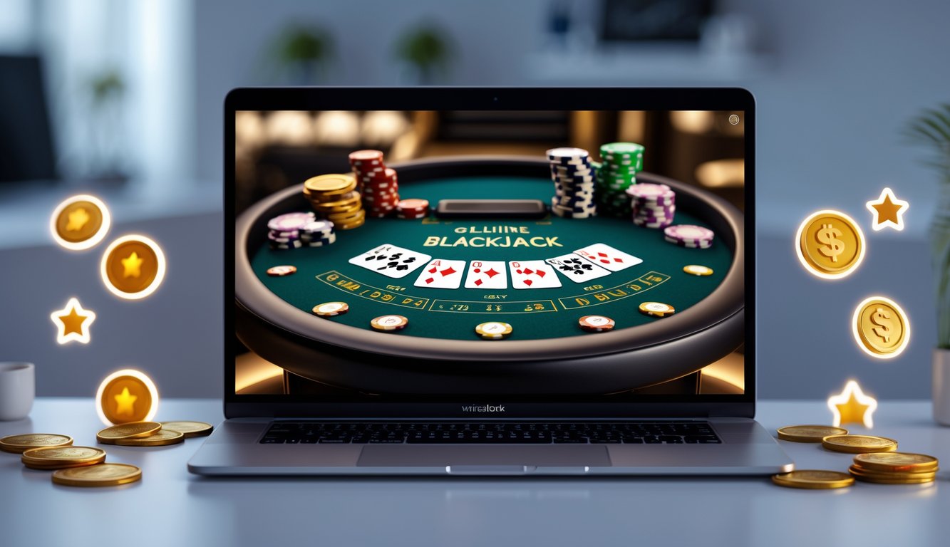 Tampilan meja blackjack online di layar laptop dengan kartu dan chip permainan di sekitarnya.