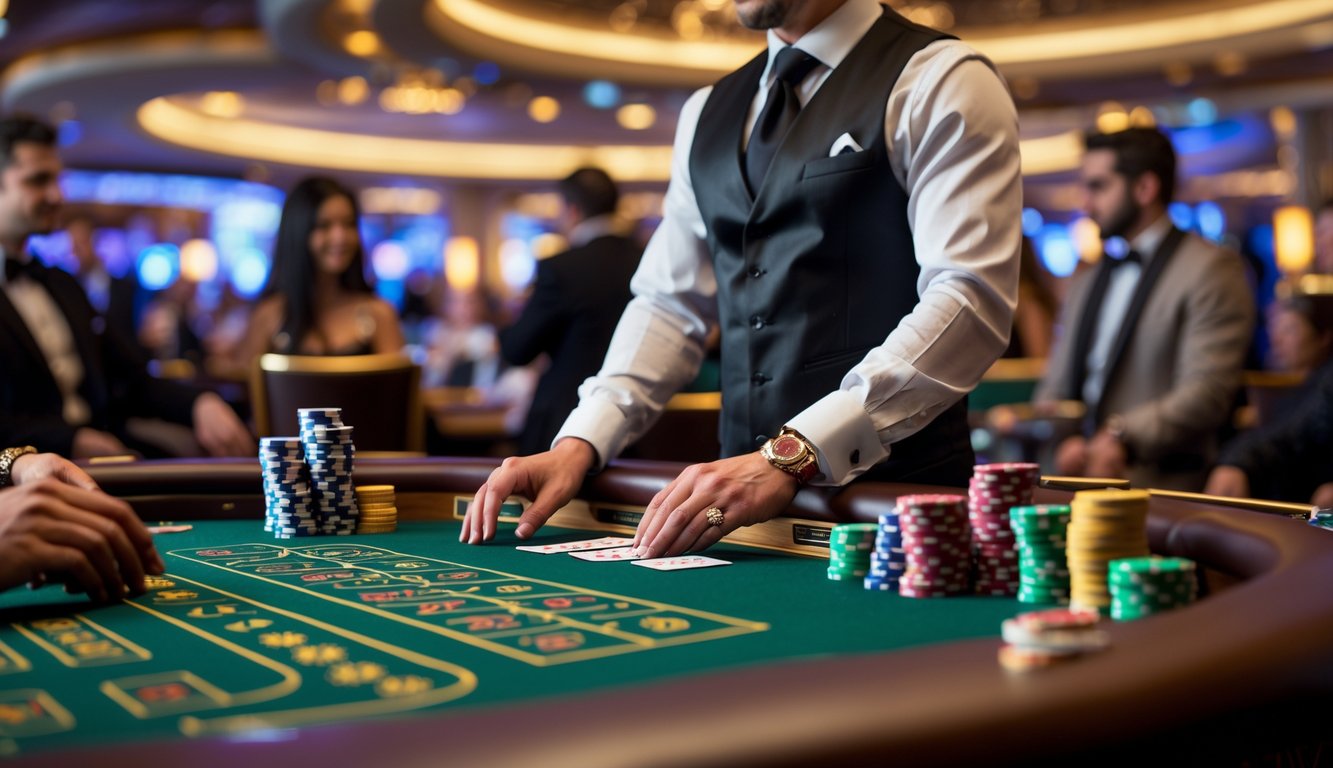 Meja Blackjack di kasino dengan dealer dan pemain yang fokus bermain kartu.