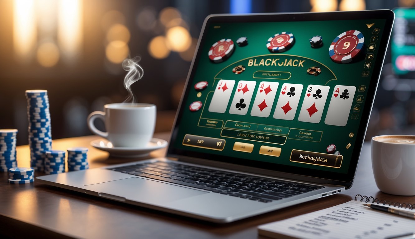 Seorang pemain sedang menggunakan laptop untuk bermain Blackjack online dengan tumpukan chip dan catatan strategi taruhan di meja.