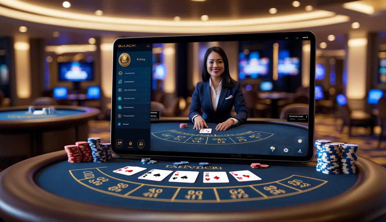 Seorang dealer langsung yang ramah sedang mengelola meja blackjack online dengan kartu dan chip di layar komputer, menampilkan suasana kasino yang mewah dan realistis.