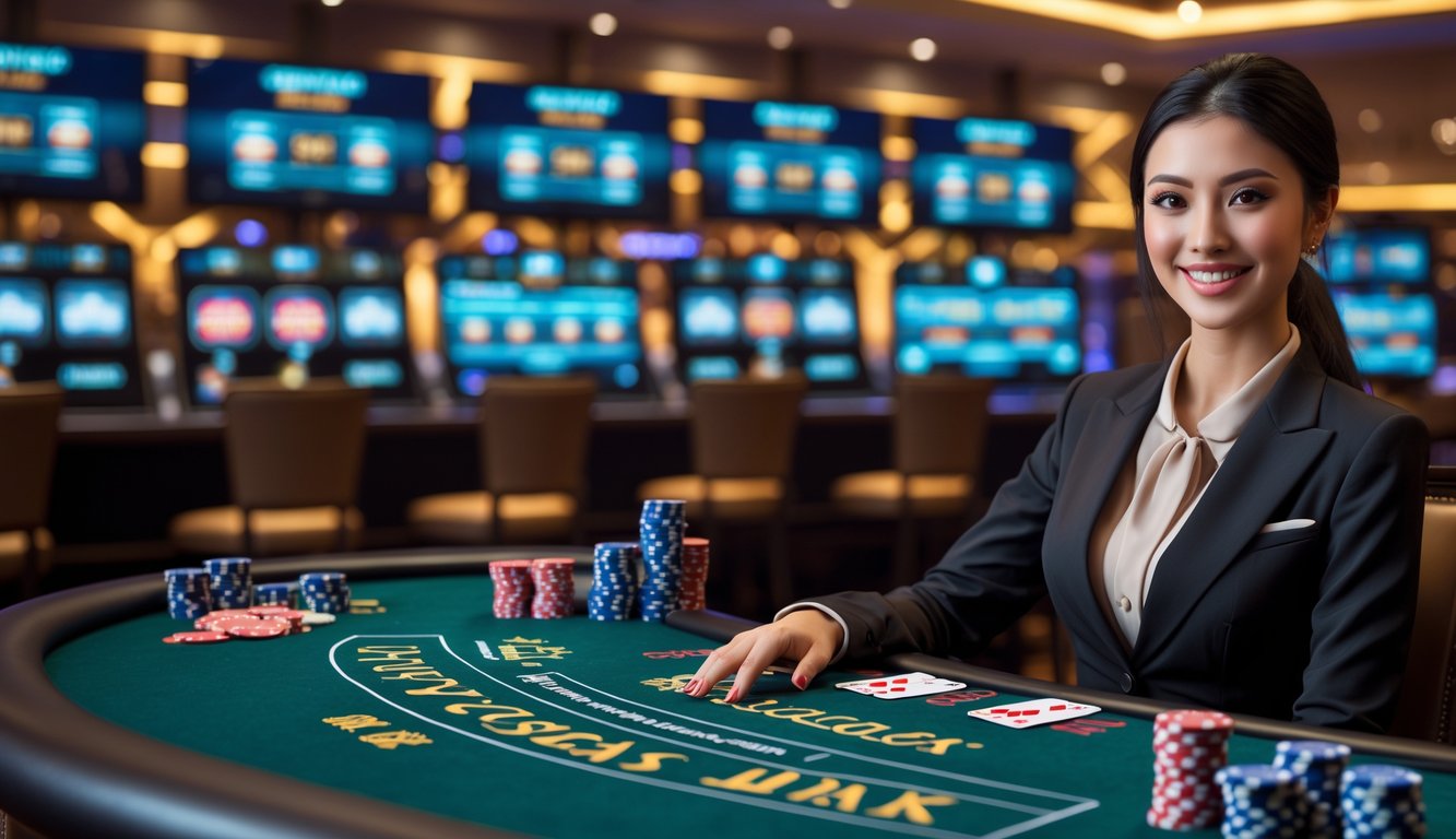 Seorang dealer langsung wanita yang ramah duduk di meja blackjack dengan kartu dan chip di kasino online yang mewah.