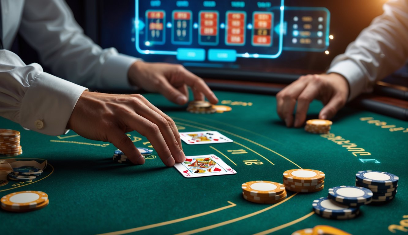 Tangan pemain sedang mengelola chip dan kartu di meja blackjack dengan latar belakang tampilan digital permainan kasino online.