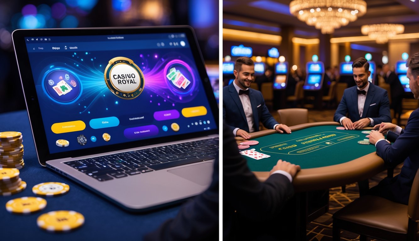 Gambar perbandingan antara blackjack online di layar komputer dan blackjack konvensional di meja kasino dengan dealer dan pemain.