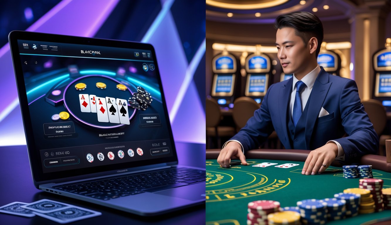 Gambaran perbandingan antara blackjack online dengan blackjack konvensional di kasino, menampilkan layar perangkat digital di sebelah kiri dan meja blackjack tradisional dengan dealer di sebelah kanan.