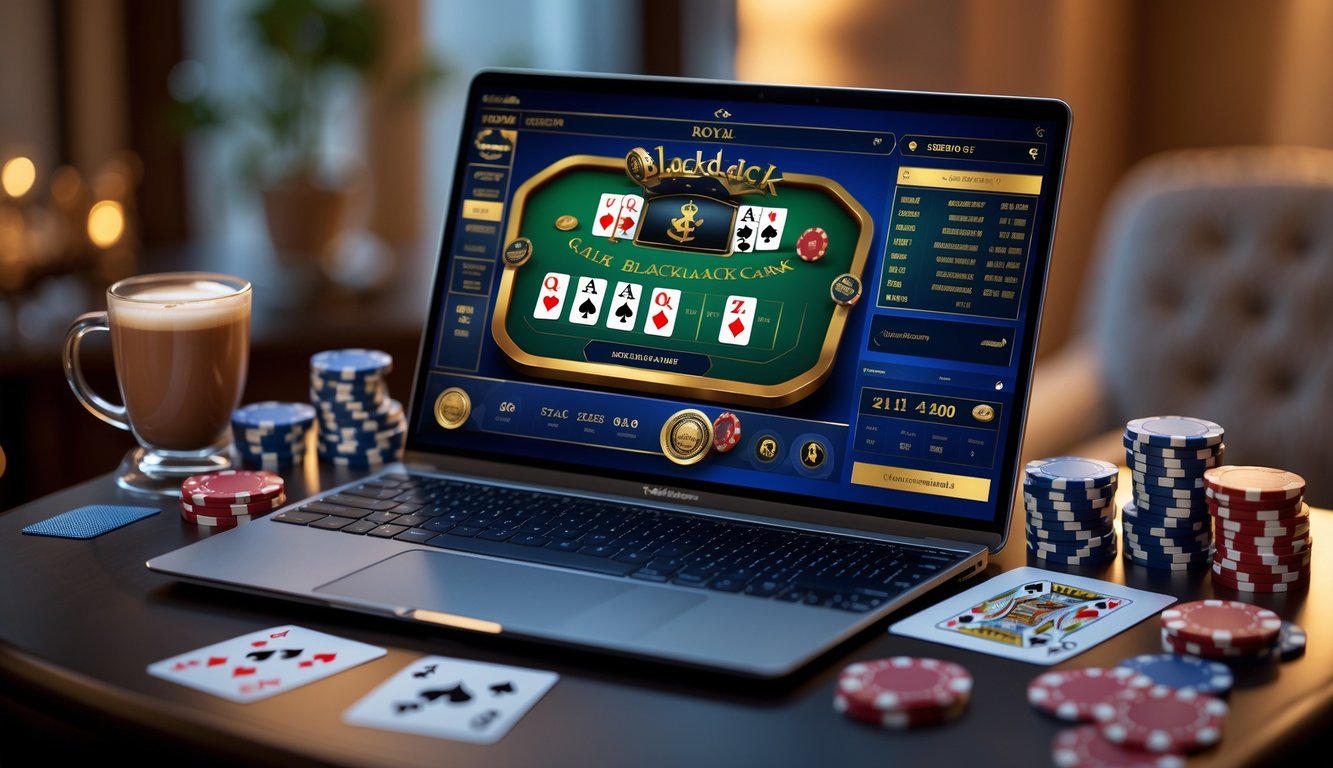 Sebuah meja dengan komputer menampilkan permainan blackjack online, dikelilingi chip kasino dan kartu remi.