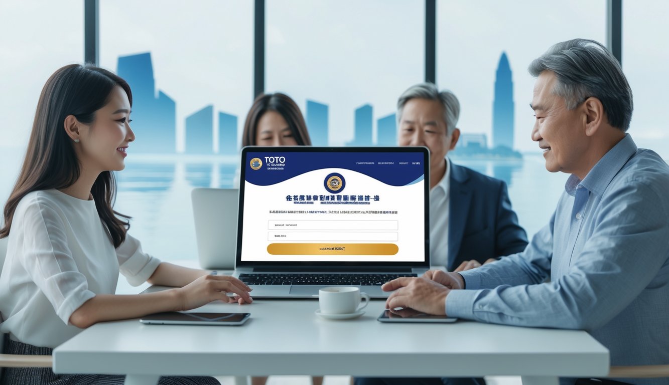 Orang-orang menggunakan perangkat digital untuk mendaftar togel Macau 3D secara online di meja yang terang dan rapi.