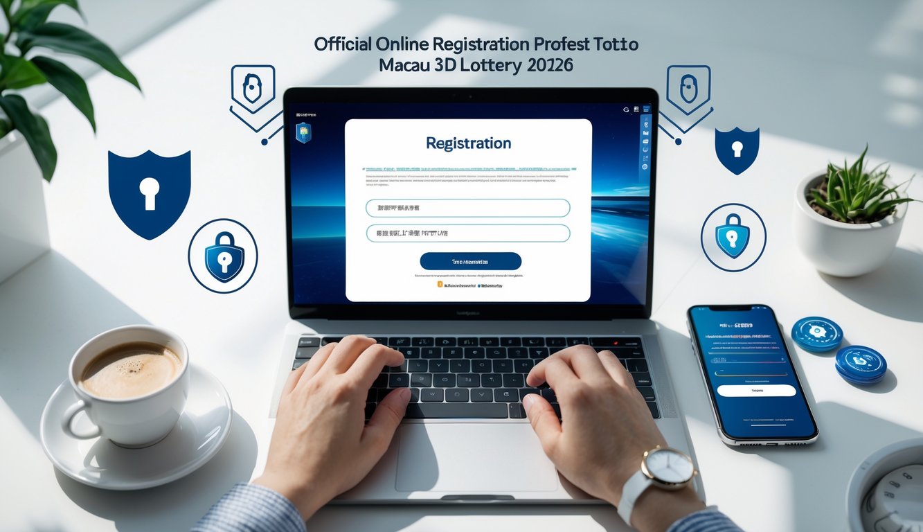 Seseorang sedang mengetik di laptop dengan tampilan formulir pendaftaran online, di meja terdapat kopi dan ponsel yang menampilkan aplikasi lotere.