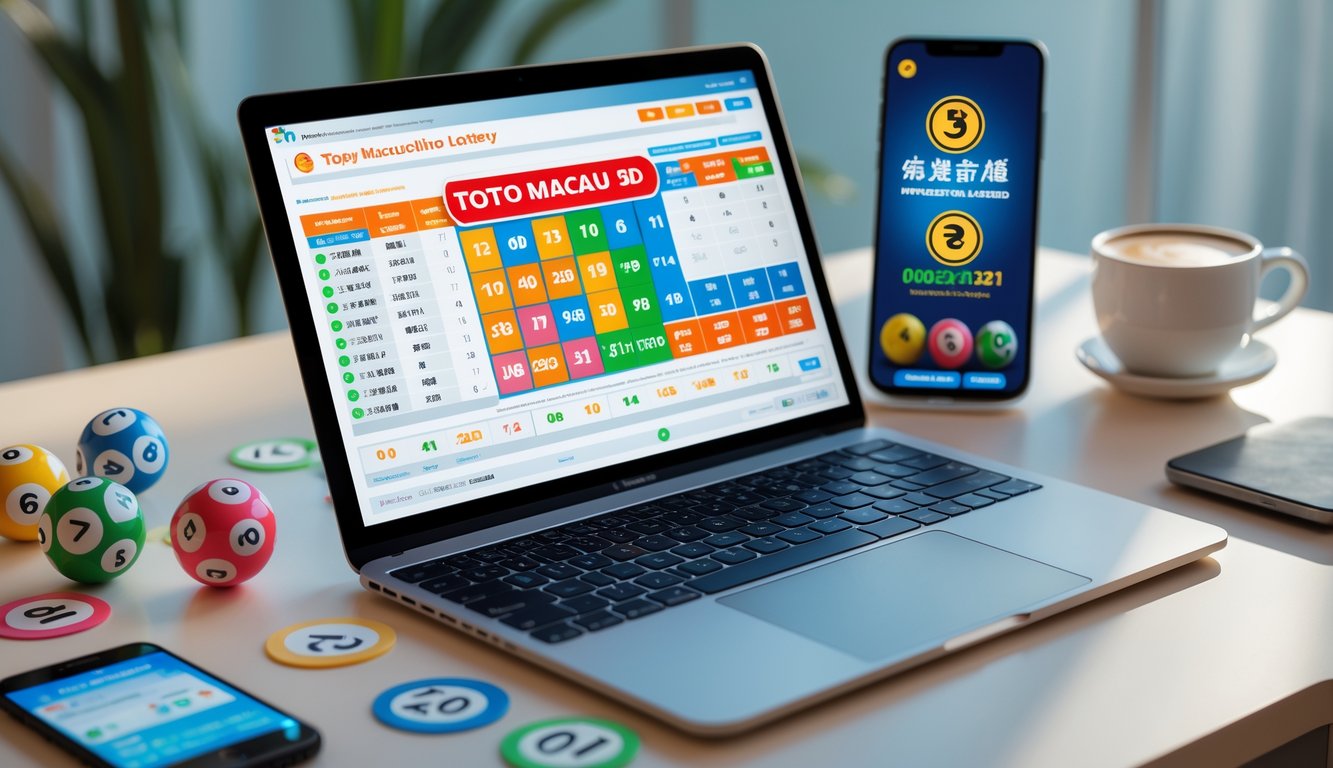 Meja kerja dengan laptop yang menampilkan antarmuka permainan Toto Macau 3D, bola lotre dengan angka, dan ponsel di sampingnya.