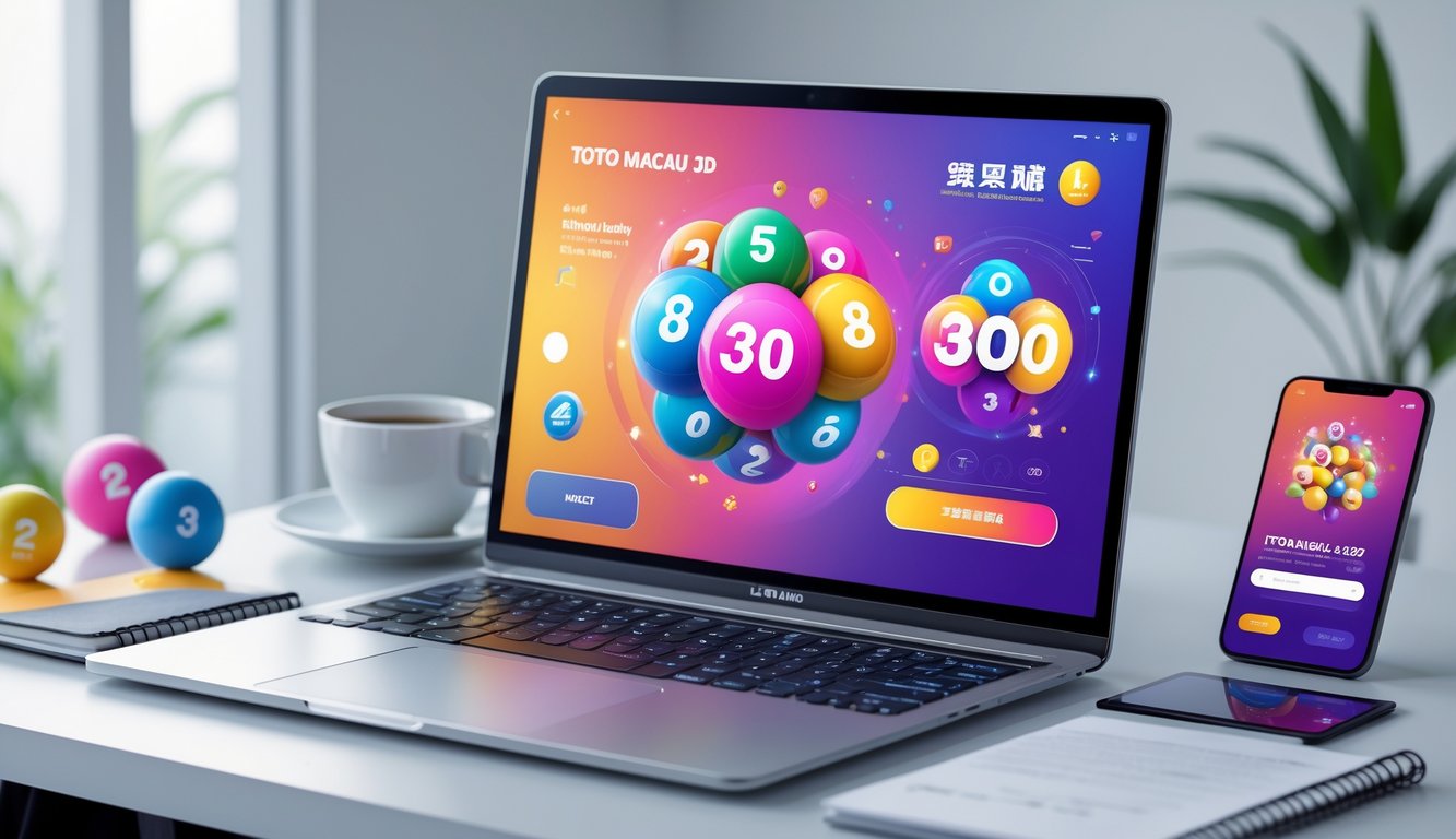 Seorang pengguna sedang melihat layar komputer yang menampilkan antarmuka permainan lotere online dengan angka dan elemen grafis tiga dimensi, di meja terdapat telepon pintar dan alat tulis.