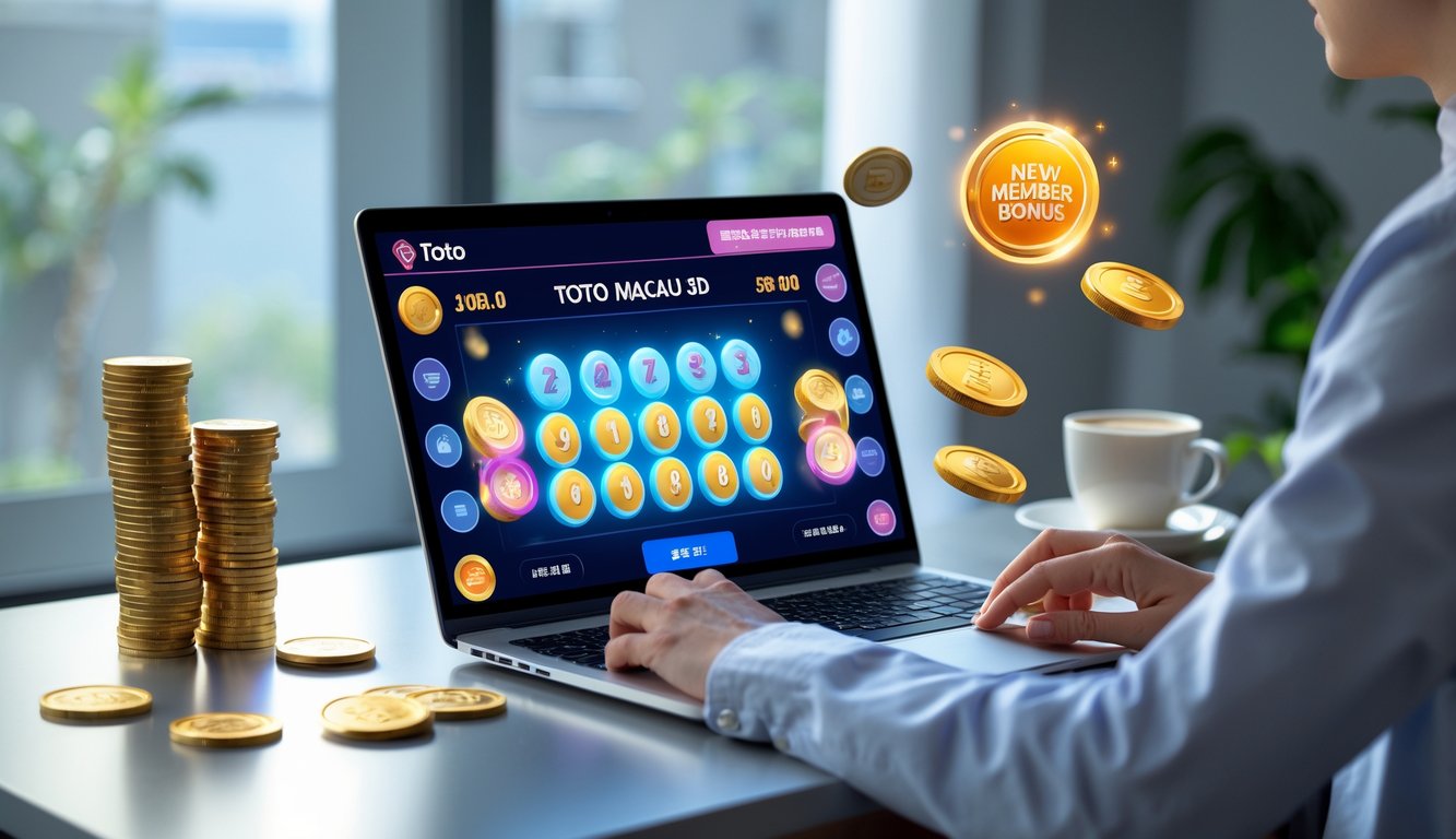 Seseorang duduk di depan komputer dengan layar menampilkan antarmuka lotere Toto Macau 3D, dikelilingi oleh koin digital dan suasana yang tenang.