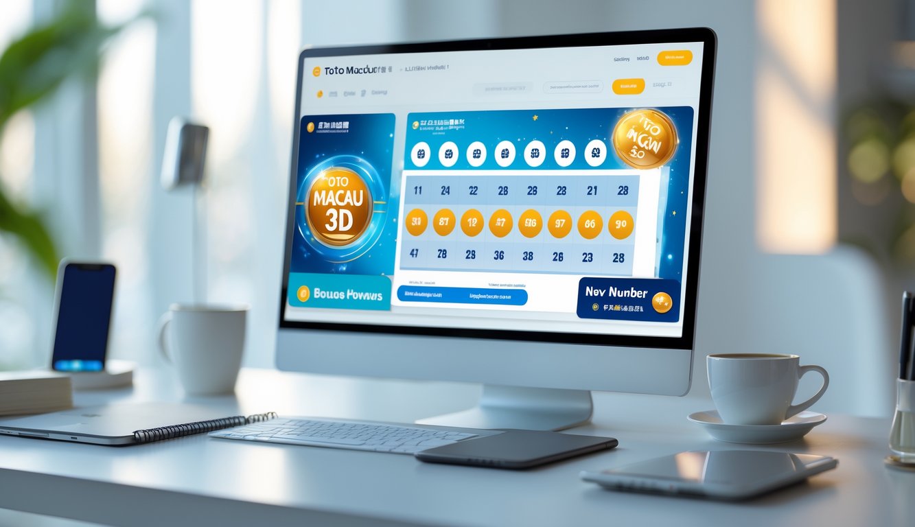 Seorang pengguna duduk di depan komputer dengan layar menampilkan angka lotre digital, di meja terdapat ponsel dan cangkir kopi di ruangan kantor modern.