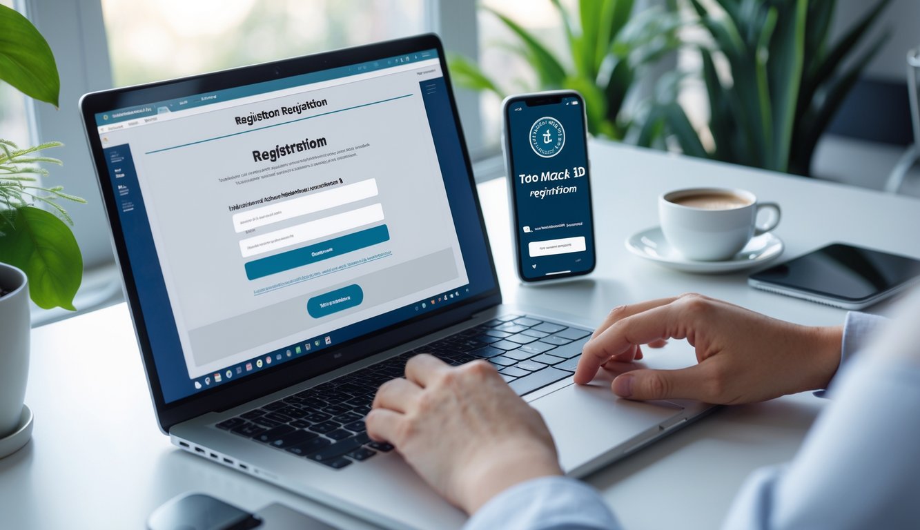 Seseorang sedang menggunakan laptop dan ponsel di meja kerja dengan tanaman di latar belakang.