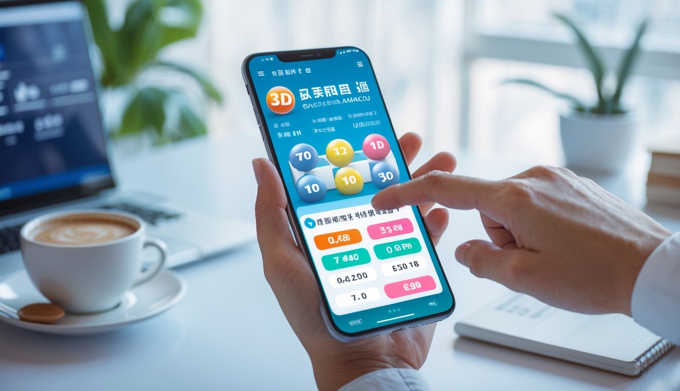 Seseorang menggunakan ponsel pintar di meja kerja dengan aplikasi lotere online yang menampilkan antarmuka taruhan angka tiga digit.