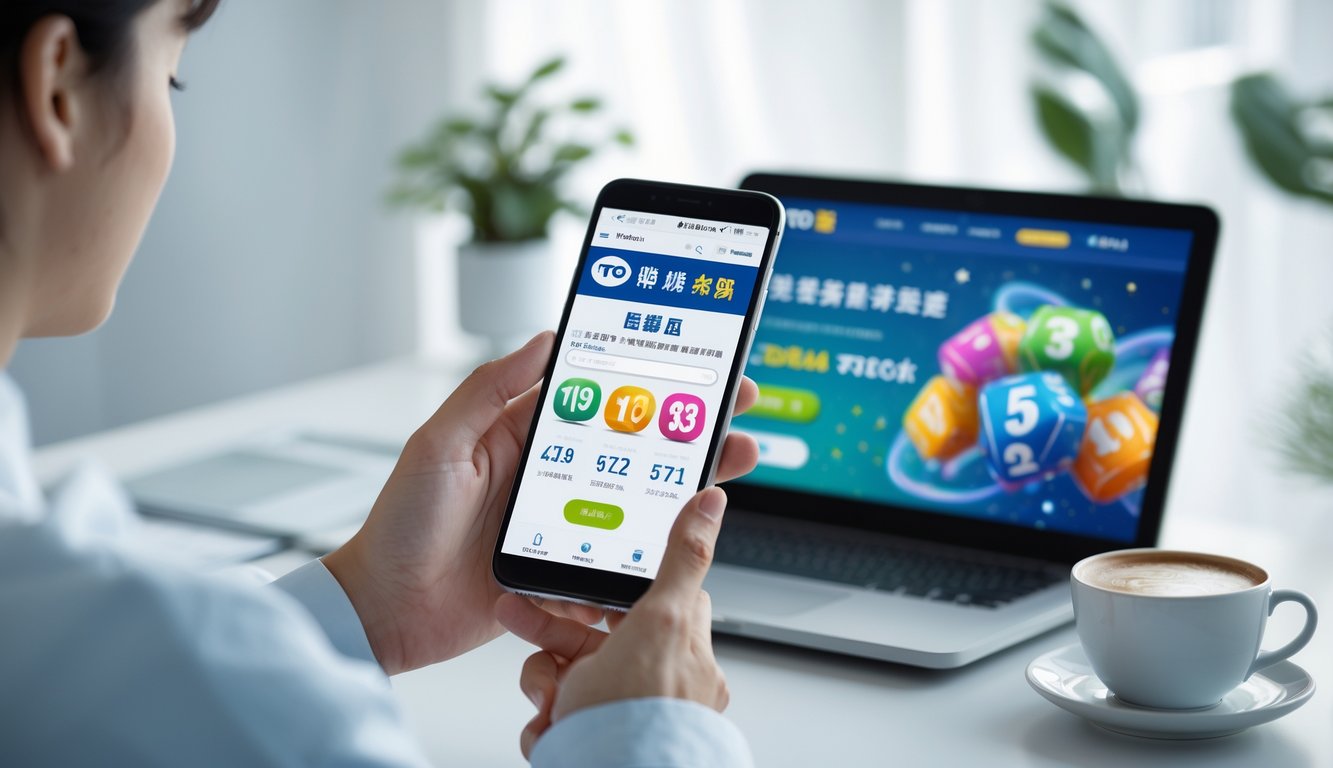 Seseorang menggunakan ponsel di meja kerja dengan laptop dan secangkir kopi, sedang mendaftar togel online secara cepat dan mudah.