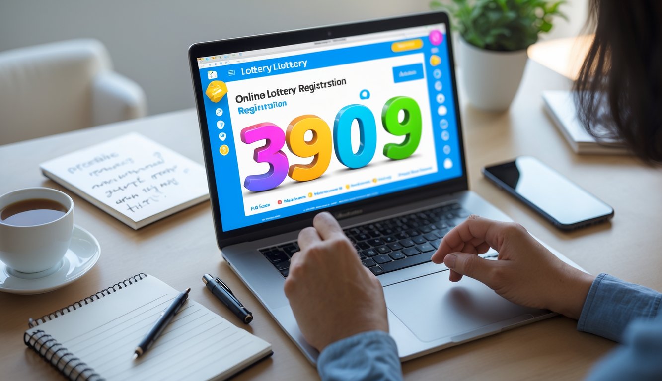 Seseorang menggunakan laptop di meja kerja untuk mendaftar dan memilih angka dalam permainan toto Macau 3D secara online.