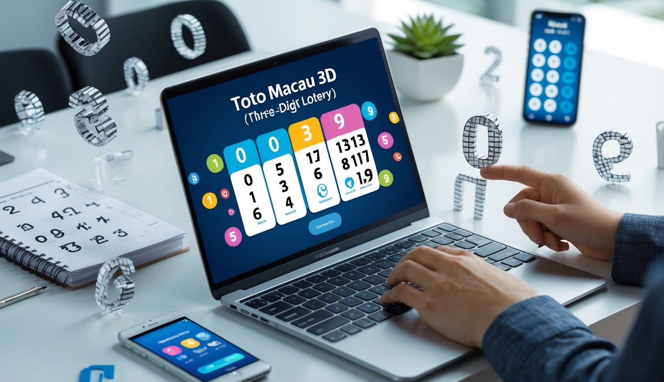 Seseorang menggunakan laptop di meja kerja dengan angka-angka mengambang di sekitar, menunjukkan aktivitas memasang angka Toto Macau 3D secara online.