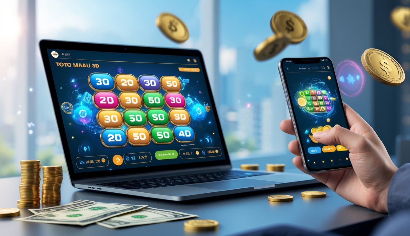 Meja kerja modern dengan laptop dan ponsel yang menampilkan antarmuka taruhan togel online, dilengkapi dengan uang dan ikon transaksi digital.