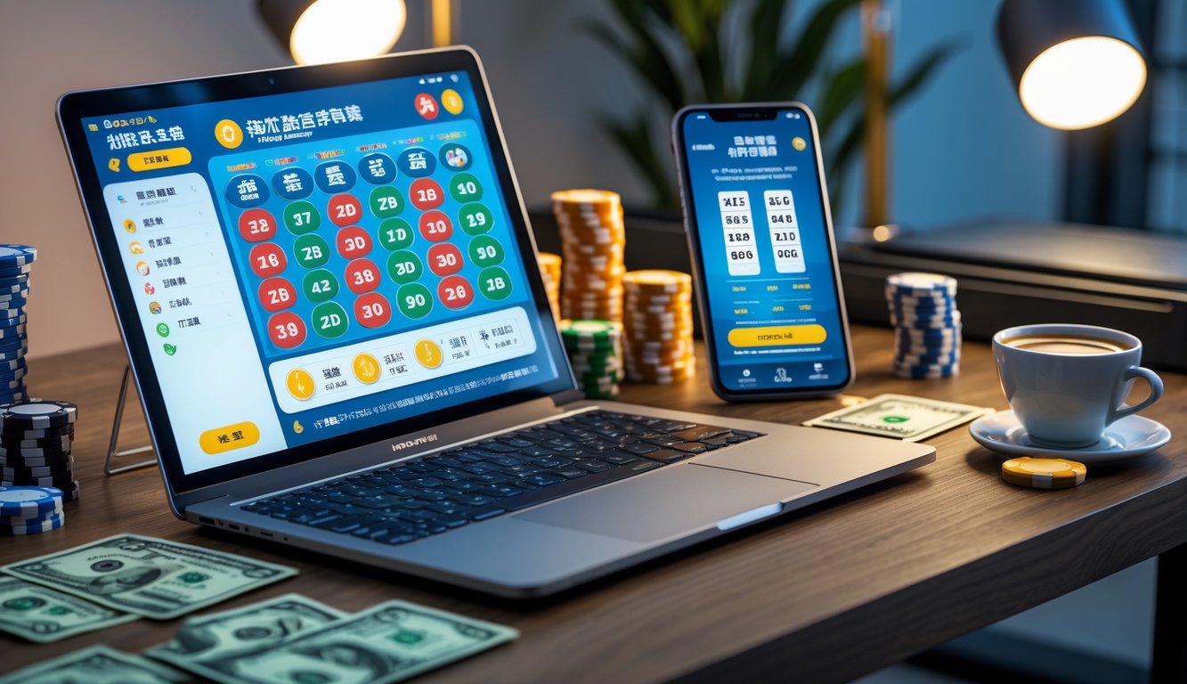 Sebuah meja kerja modern dengan laptop dan ponsel menampilkan antarmuka permainan togel online, dilengkapi dengan chip poker dan uang di atas meja.