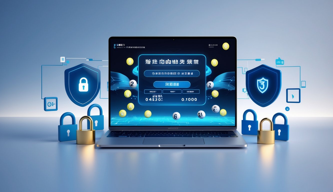 Sebuah komputer modern dengan antarmuka digital yang menampilkan elemen terkait transaksi lotere online yang aman dan resmi.