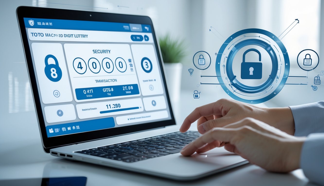 Seseorang menggunakan komputer untuk melakukan transaksi online dengan latar belakang simbol keamanan digital.