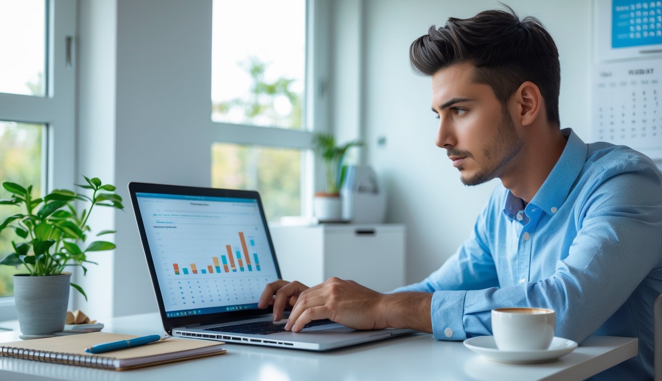 Seorang pria muda duduk di meja dengan laptop, fokus menganalisis angka dan grafik di layar dalam ruangan kantor rumah yang terang.