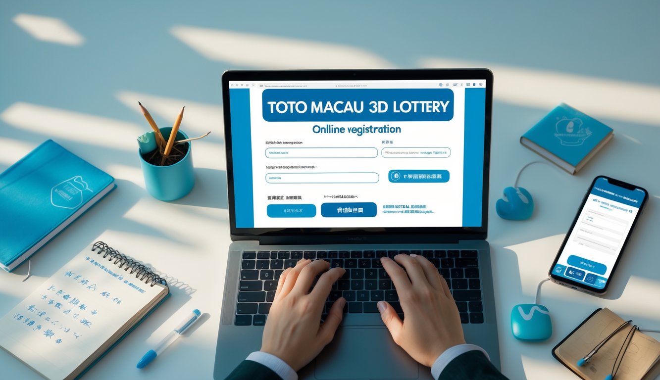 Seseorang mengetik di laptop dengan formulir pendaftaran online, dikelilingi oleh buku catatan dan ponsel di meja kerja yang rapi.