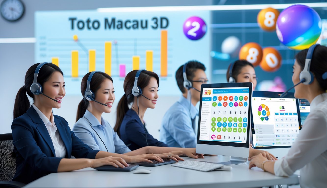 Seorang staf layanan pelanggan sedang membantu pelanggan di kantor modern dengan komputer dan elemen digital terkait lotere.