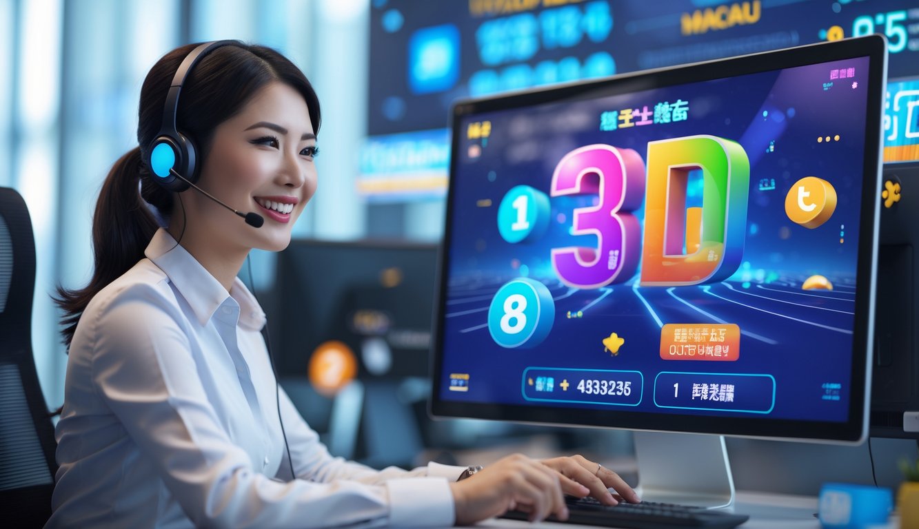 Seorang petugas layanan pelanggan sedang bekerja dengan komputer di kantor modern yang terang, menampilkan suasana layanan online 24 jam untuk permainan Toto Macau 3D.