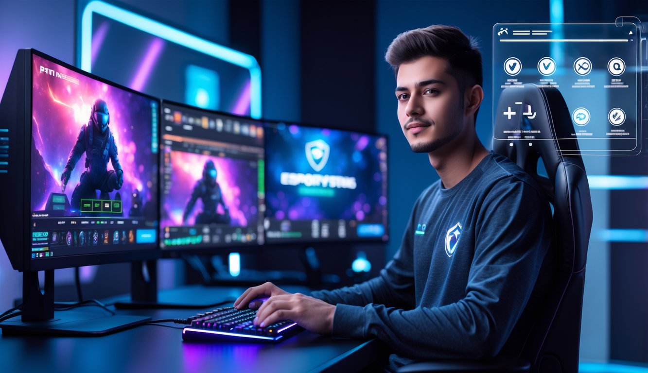 Seorang pria muda duduk di depan meja gaming dengan beberapa layar yang menampilkan permainan esports, suasana ruangan dengan pencahayaan biru dan ungu, fokus menggunakan keyboard dan mouse, dengan tampilan digital transparan yang menggambarkan transaksi cepat dan aman.