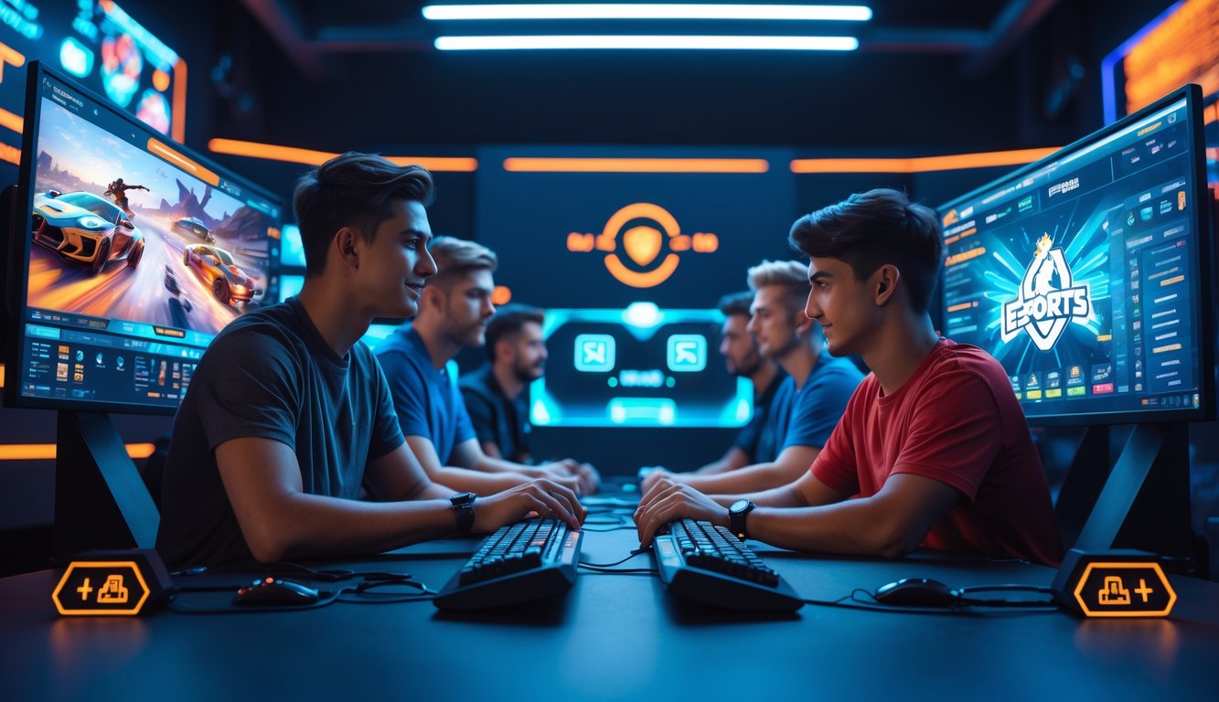 Beberapa orang muda sedang menggunakan komputer dengan layar besar menampilkan permainan esports dan antarmuka taruhan, suasana terlihat aman dan profesional.