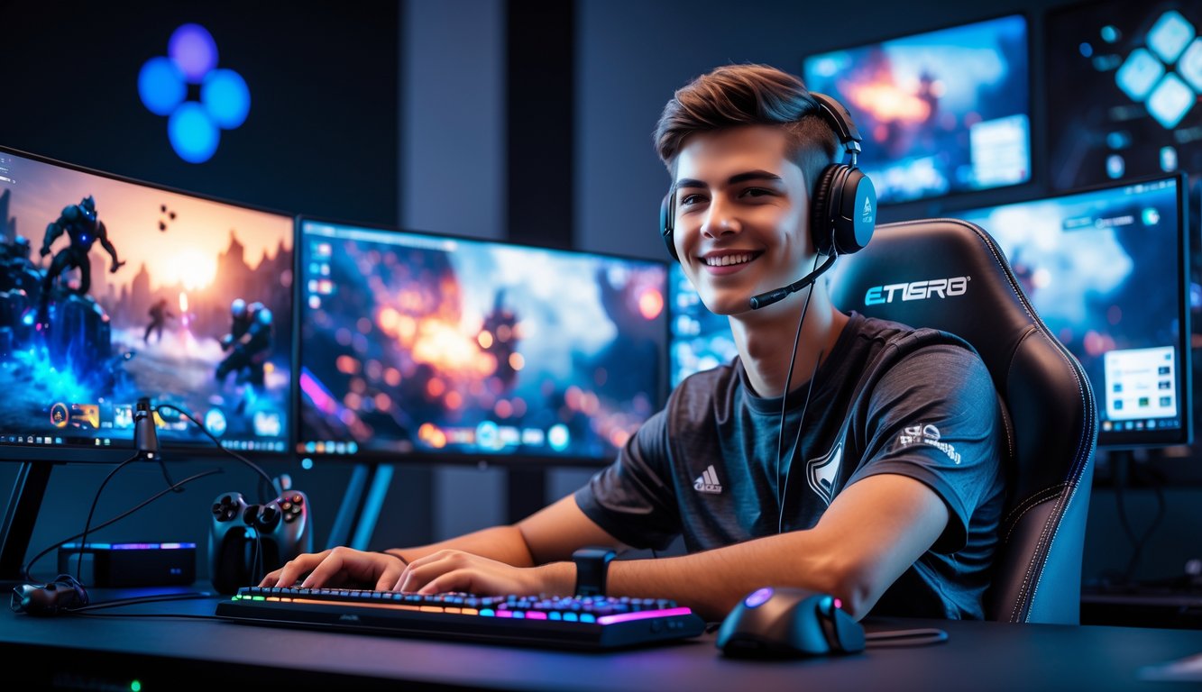 Seorang pria muda duduk di depan meja gaming dengan beberapa monitor yang menampilkan permainan esports, terlihat percaya diri dan fokus.