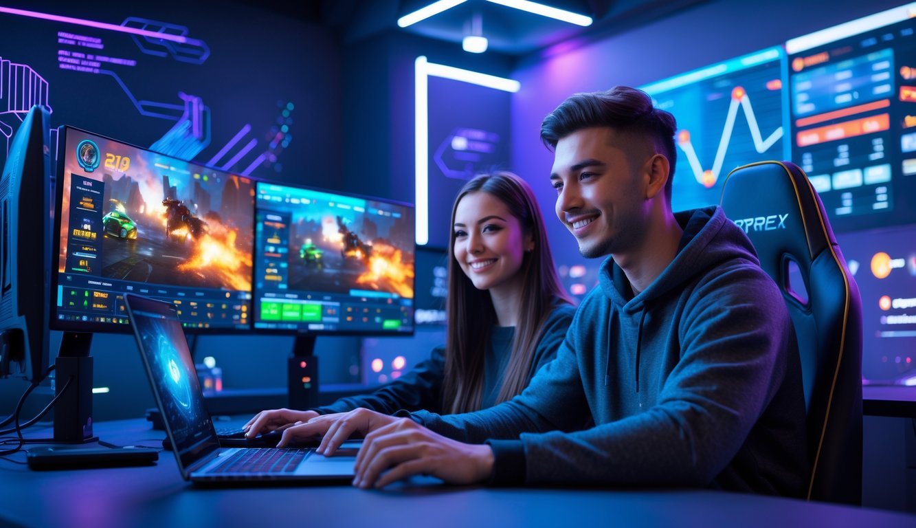 Dua orang muda sedang menggunakan komputer dan ponsel di ruang gaming modern dengan layar menampilkan permainan esports dan grafik taruhan.