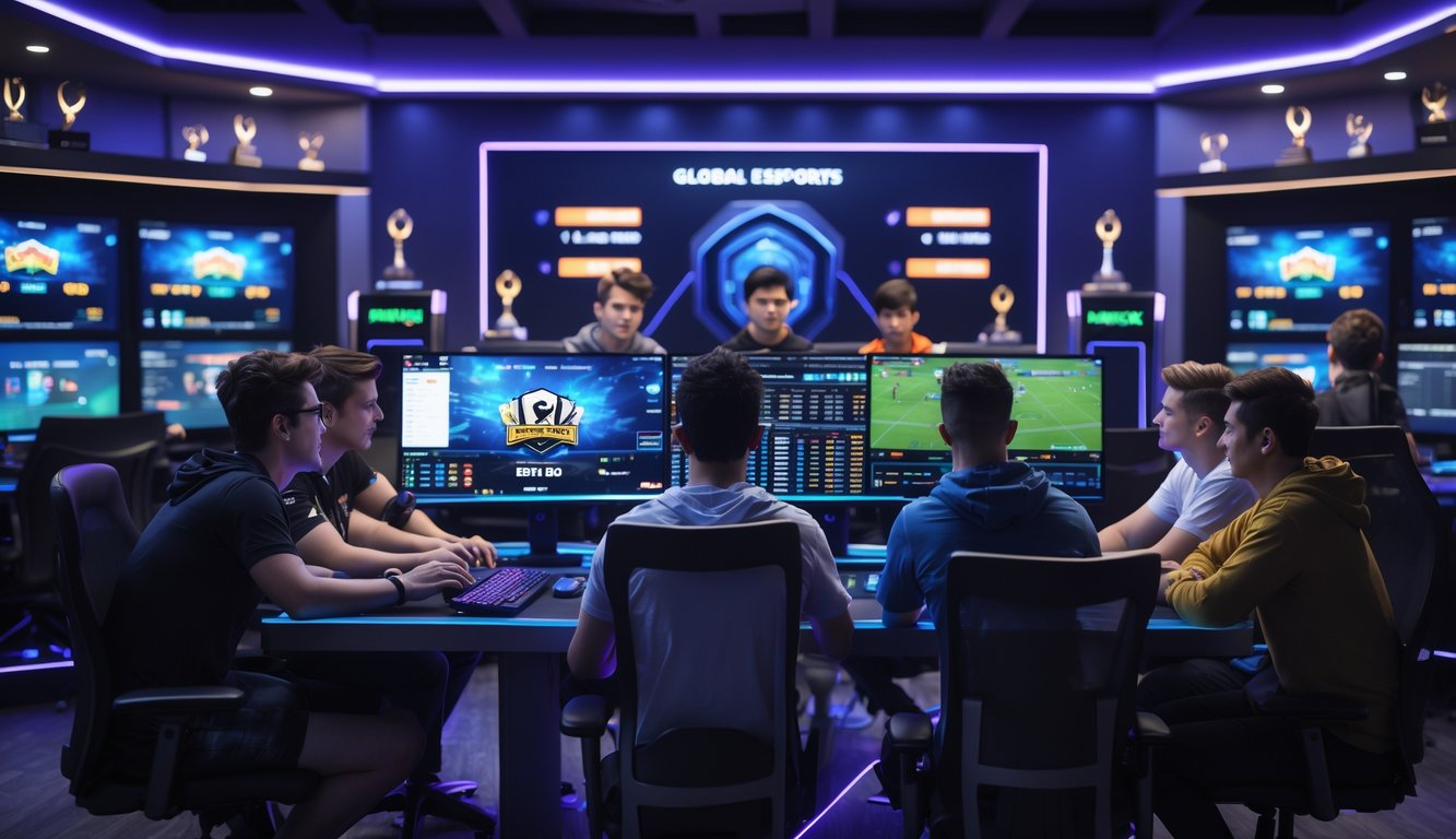 Sekelompok orang muda sedang fokus di depan layar komputer yang menampilkan pertandingan esports internasional dan taruhan secara langsung di ruang bermain modern.