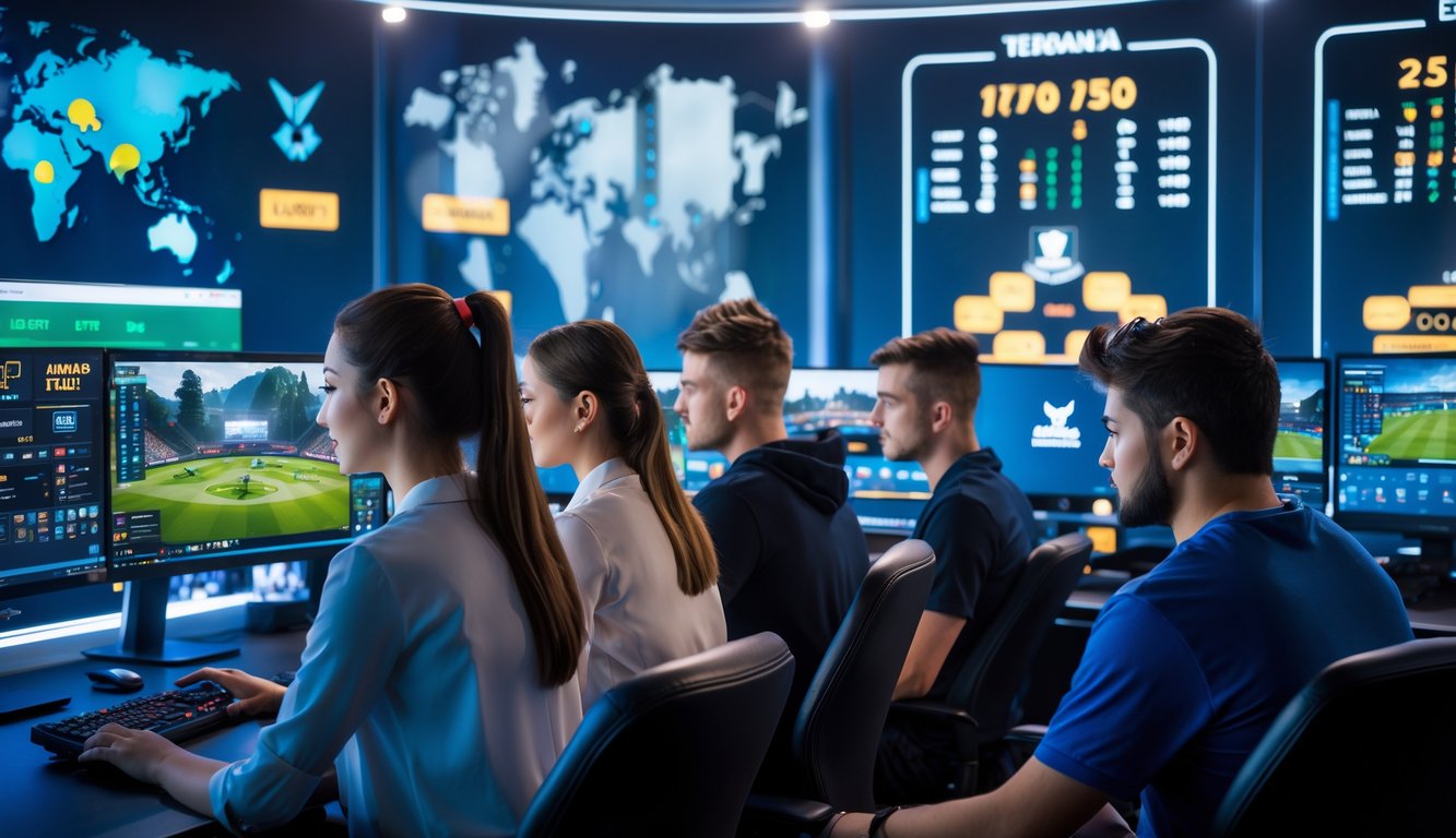 Sekelompok orang muda fokus menggunakan komputer untuk bertaruh pada turnamen esports internasional di ruangan modern dengan pencahayaan LED.