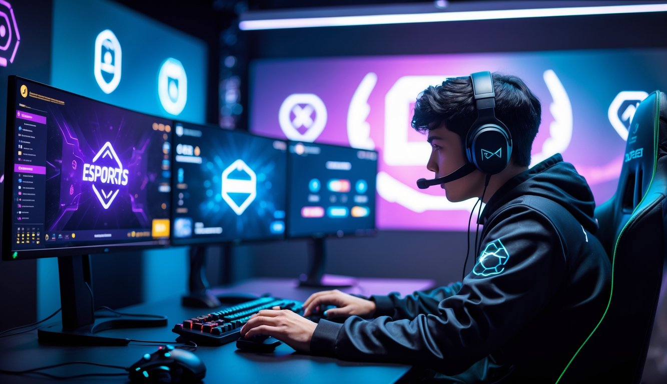 Seorang pemain esports sedang fokus bermain di depan beberapa monitor dengan pencahayaan RGB di ruangan modern.