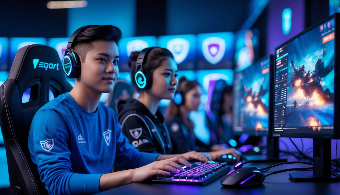Dua orang muda sedang duduk di depan komputer dengan layar menampilkan permainan esports, di ruangan berteknologi modern dengan pencahayaan biru dan ungu.