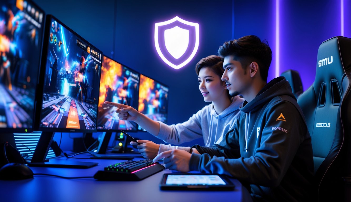 Dua orang muda sedang berdiskusi di depan beberapa layar komputer dengan tampilan permainan esports, di ruangan dengan pencahayaan biru dan ungu.