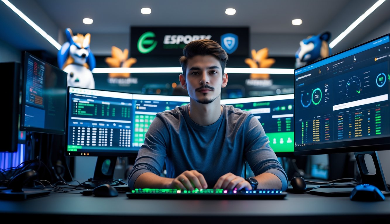 Seorang pria muda duduk di depan beberapa monitor komputer yang menampilkan permainan esports dan statistik taruhan di sebuah ruangan gaming modern.