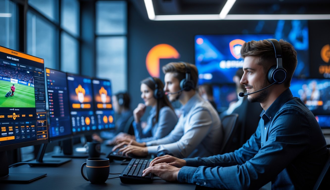 Suasana kantor modern dengan beberapa orang sedang bekerja menggunakan komputer yang menampilkan permainan esports dan layanan pelanggan melalui live chat.