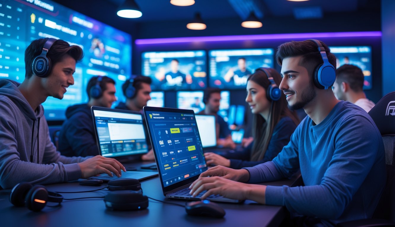 Sekelompok orang muda sedang menggunakan komputer dan ponsel di ruang permainan esports dengan pencahayaan biru dan ungu.