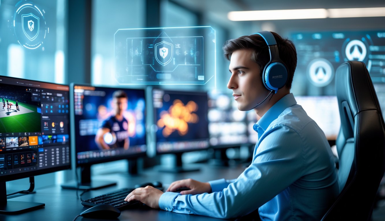 Seorang agen esports yang percaya diri duduk di depan beberapa monitor komputer dengan tampilan permainan esports dan simbol keamanan digital di latar belakang.