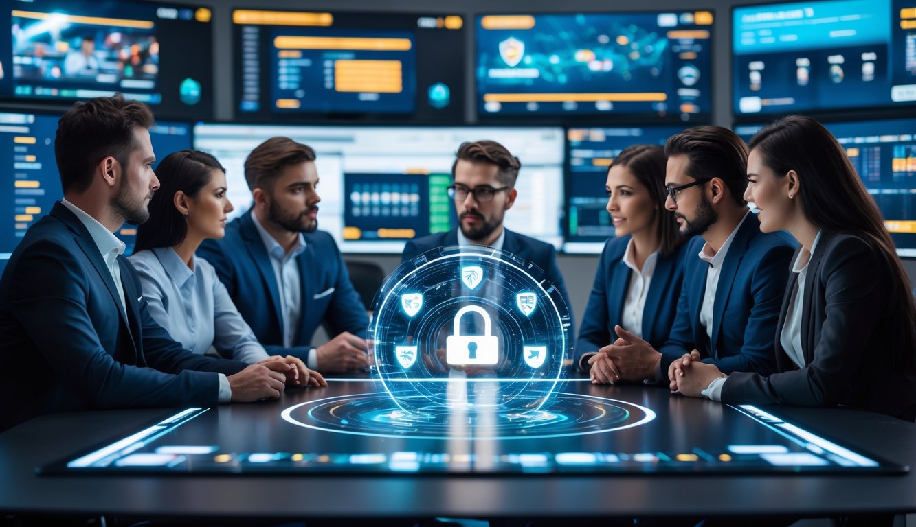 Sekelompok profesional esports sedang berdiskusi di kantor modern dengan layar digital menampilkan data dan ikon keamanan.