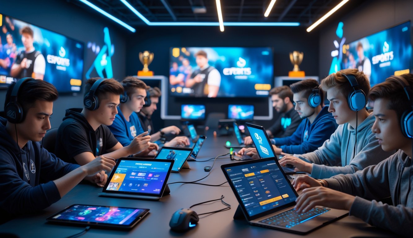 Sekelompok orang muda sedang menggunakan perangkat digital di ruang permainan modern dengan layar besar menampilkan permainan esports populer.