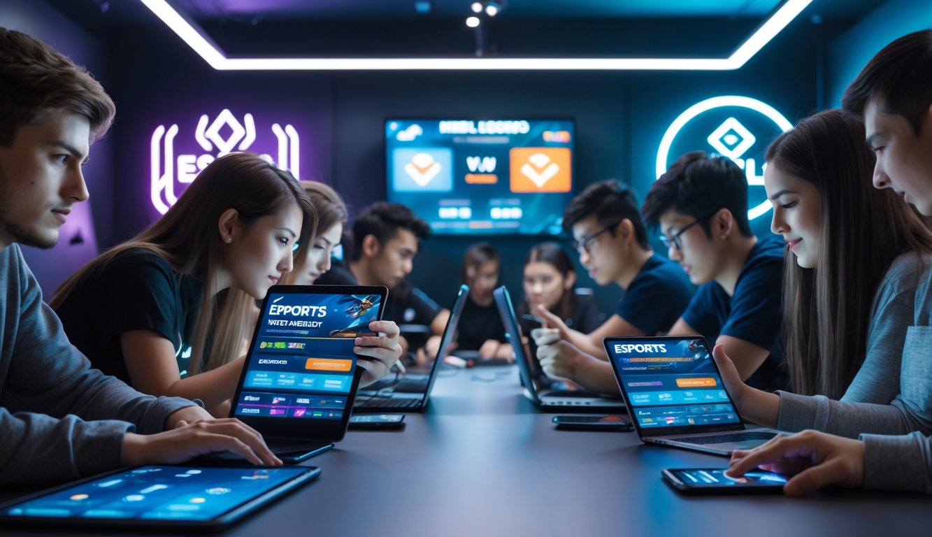 Sekelompok orang muda sedang menggunakan perangkat digital untuk taruhan esports dalam ruangan yang terang dan modern.