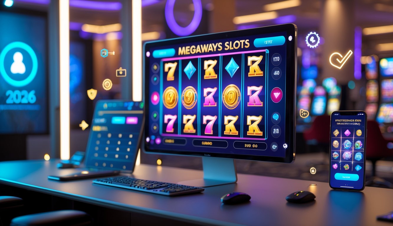 Sebuah setup komputer modern menampilkan permainan slot Megaways dengan simbol warna-warni dan indikator jackpot yang menyala, dikelilingi oleh ikon keamanan di lingkungan kasino profesional.