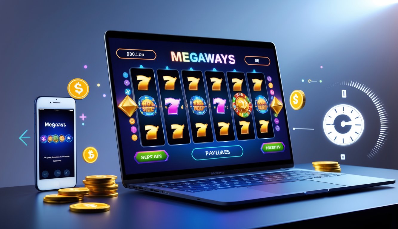 Seorang pengguna sedang bermain mesin slot Megaways di komputer dengan ponsel di samping, menunjukkan proses deposit cepat dalam permainan judi online.